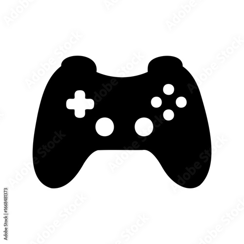 Simple black silhouette illustration of a generic video game controller on white