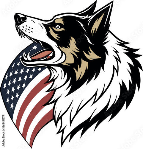 Colorful vector artwork of American Shepherd's head with US flag. 