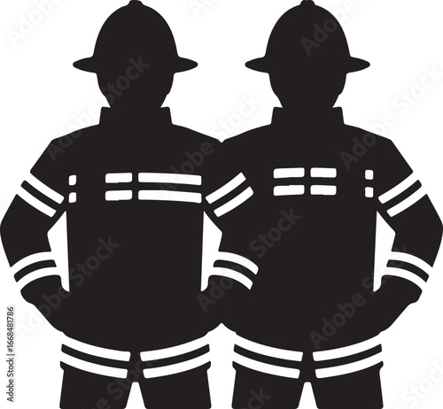Two Firefighters Standing Together Black Silhouette Illustration
