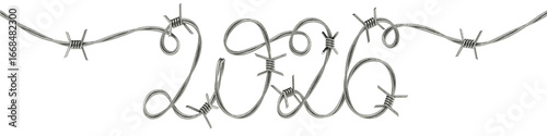 Barbed Wire 2026 Symbolizing Danger, Conflict, and Borders. 3D rendering
