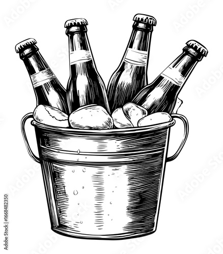 Hand Drawn Beer Bottles in Ice Bucket Sketch Illustration