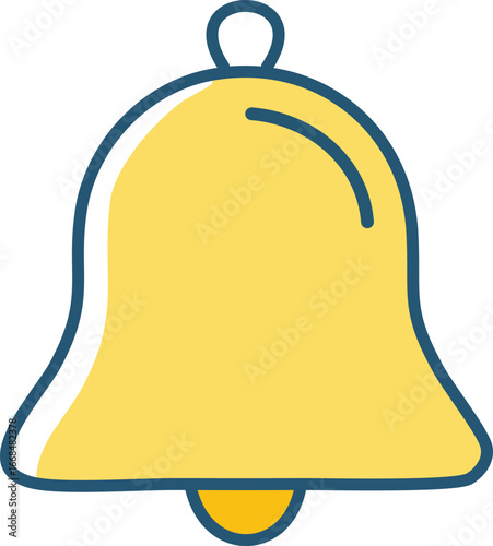 A simple, stylized illustration of a bright yellow bell with a blue outline, featuring a small clapper at the bottom.