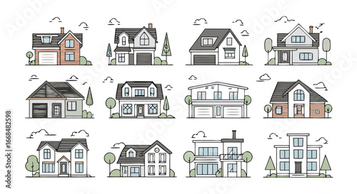 Collection of twelve diverse architectural house designs modern suburban homes exterior views
