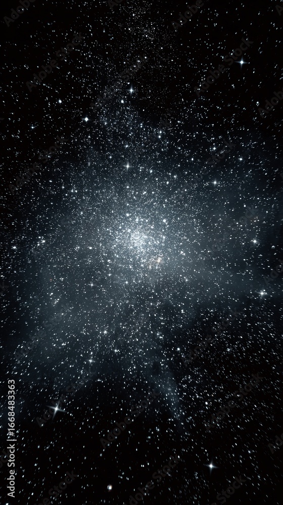 Obraz premium Zoom into the black night sky filled with countless stars, cosmic astronomy scene with twinkling celestial lights, vast universe, and serene infinite starfield