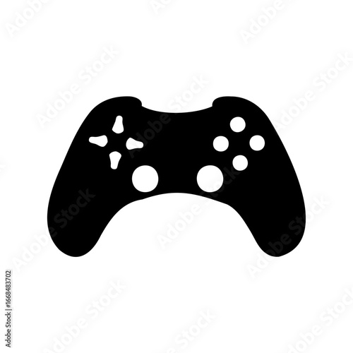 Black and white illustration of a video game controller on white background