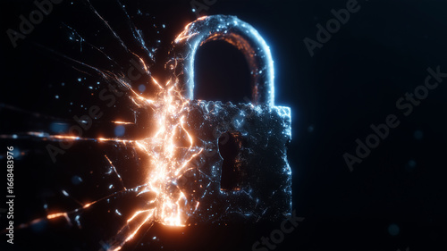 Glowing lock breaking apart with sparks, symbolizing cyber security breach, digital vulnerability, and data protection failure