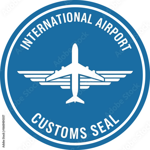International airport customs seal emblem with airplane graphic symbol vector