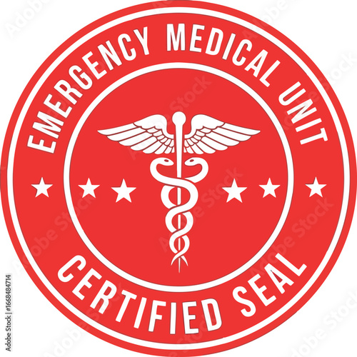 Red certified seal emergency medical unit caduceus symbol vector