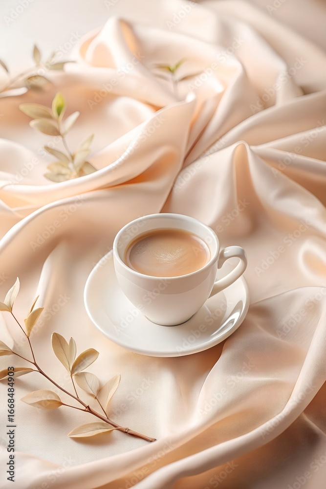 Obraz premium A warm cup of coffee or tea sits elegantly on a saucer, surrounded by soft, flowing champagnecolored silk fabric and delicate green leaves, evoking comfort and luxury