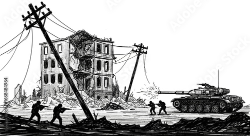 Illustration of soldiers in combat near a destroyed building, with a tank firing its cannon.