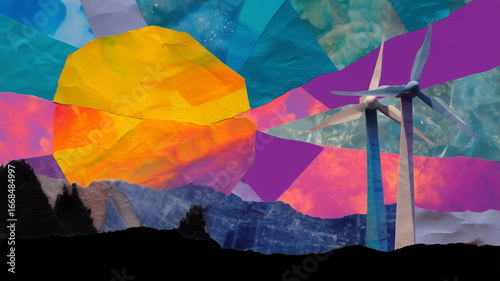 Fototapeta Naklejka Na Ścianę i Meble -  Sun wind turbine paper collage landscape colorful renewable energy abstract sky mountain creative