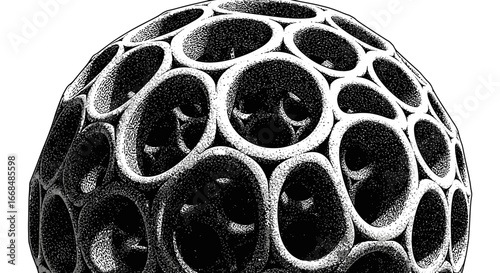 A close-up black and white photograph of a spherical, hollow structure made of interconnected cylindrical elements.