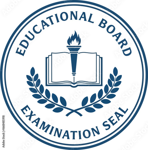 Educational board examination seal torch book laurel wreath circular stamp vector