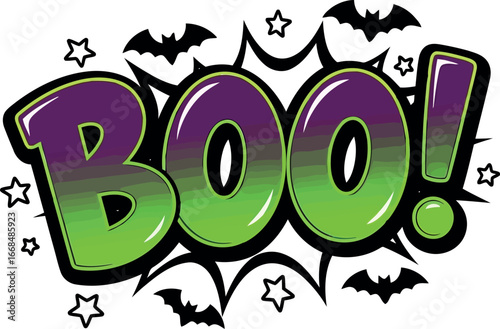 Spooky halloween boo comic word art with bats and stars vector