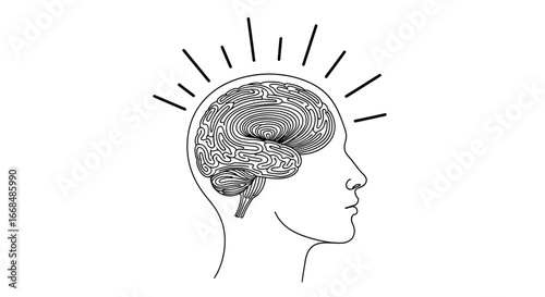 Profile view of a human head with a detailed brain illustration, radiating light suggesting ideas or inspiration.