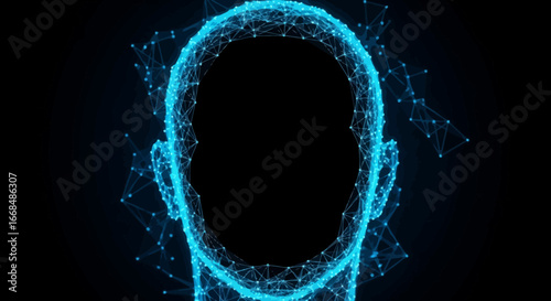 Abstract illustration of a human head outline composed of interconnected glowing particles, with a dark void.
