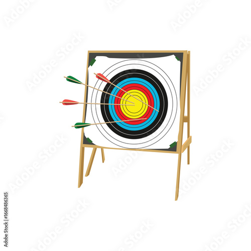 Archery target boards with colorful rings. One target shows arrows hitting the bullseye, the other displays four practice targets. Perfect for sports, accuracy, competition, and training themes.
