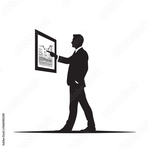 Vector art of silhouette of a businessman in a suit pointing at a digital screen displaying a city skyline and architectural plans