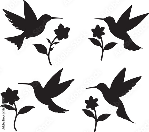 Hummingbird hovering near flower icon black silhouette
