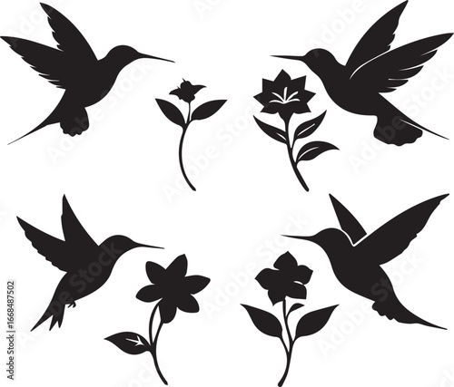 Hummingbird hovering near flower icon black silhouette
