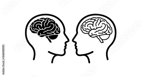 Two human profile silhouettes facing each other, each displaying a brain, one filled, one outlined.