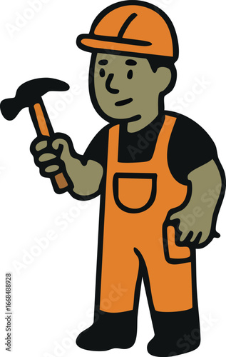 A cartoon-style construction worker character wearing an orange helmet and overalls is holding a hammer.