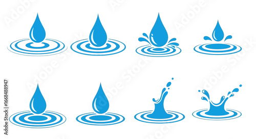 Collection of blue water droplets falling and creating ripples and splashes on a white background.