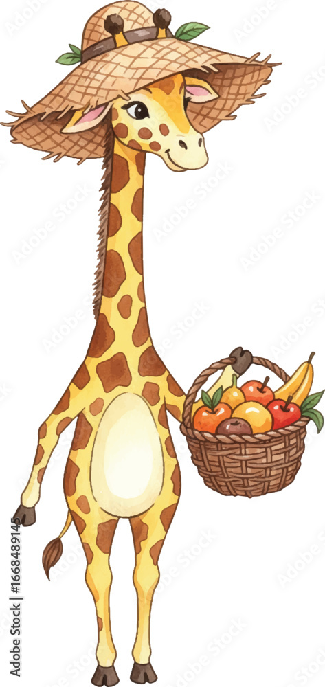 Naklejka premium Whimsical Watercolor Giraffe Gardener with Straw Hat and Fruit Basket Illustration