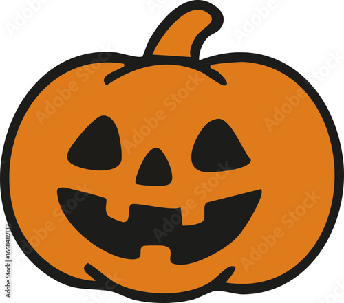 A cheerful cartoon jack-o’-lantern pumpkin with a wide toothy smile and triangular eyes is shown in a simple Halloween style.