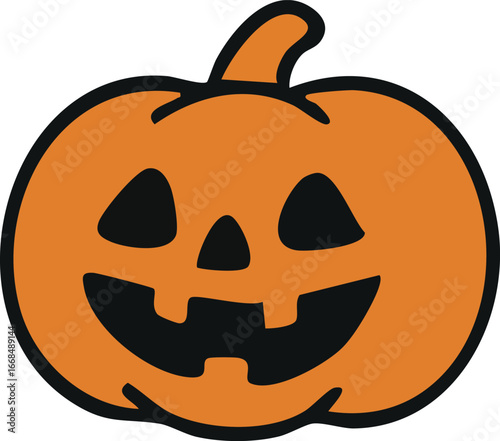 A cheerful cartoon jack-o’-lantern pumpkin with a wide toothy smile and triangular eyes is shown in a simple Halloween style.