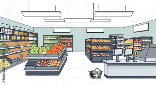 Pixel art grocery store interior with aisles of produce and shelves stocked with food items
