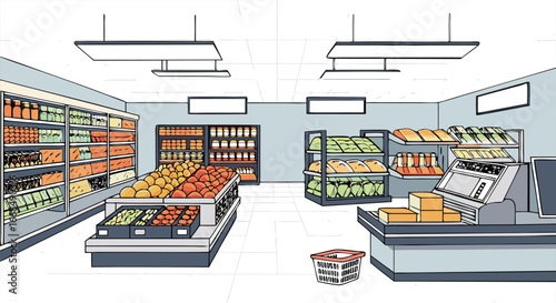 Pixel art grocery store interior with aisles of produce and shelves stocked with food items
