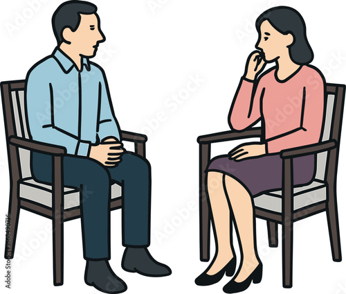 Man and woman sitting on chairs having serious conversation, counseling session, communication, relationship discussion, psychology, mental health support concept illustration.