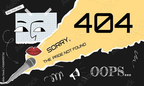  Playful 404 error page design with torn paper, bold typography, collage face with lips and microphone, funny doodles and handwritten elements OOPS....Vector illustration
