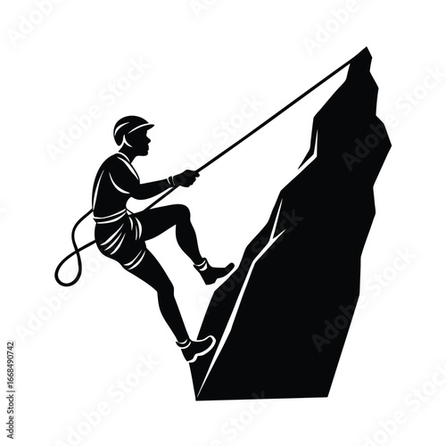 Mountain Climber Using Rope for Ascent