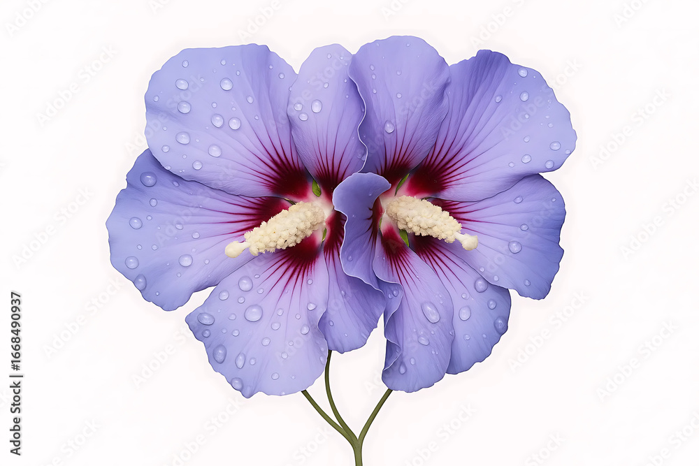 Naklejka premium Detail of Hibiscus syriacus 'Oiseau Bleu' flowers with rain drops, isolated on white background