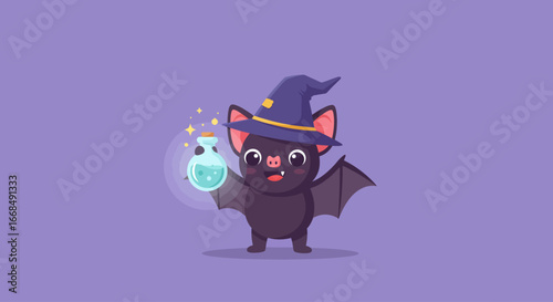 An adorable bat character, adorned with a wizard hat, happily presents a magical potion bottle in this charming Flat Design illustration. This whimsical scene captures the playful spirit of Halloween 