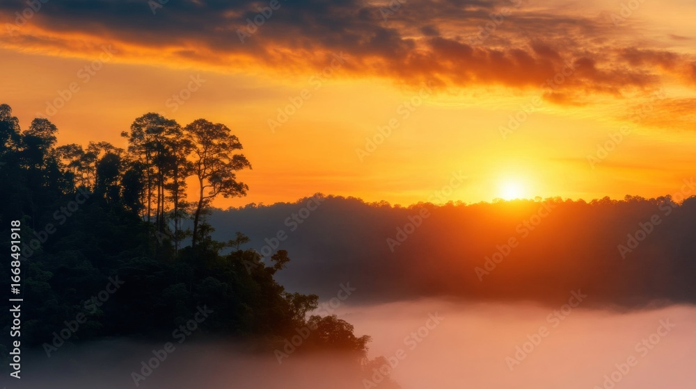 Fototapeta premium Gorgeous sunrise over misty forest landscape with vibrant colors