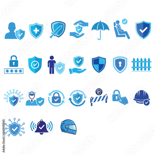 A comprehensive set of blue icons representing various aspects of security, safety, and protection, including shields, locks, and personal safety symbols, all presented on a clean white background for