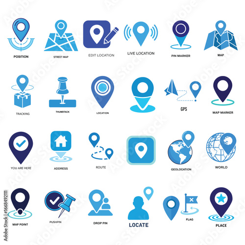A vibrant collection of blue location pin icons, showcasing various map and navigation symbols. Perfect for travel, business, and technology themes.