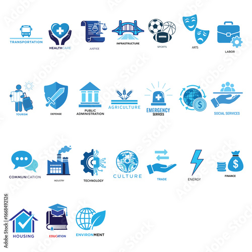 A comprehensive set of blue flat icons, each representing a distinct concept like transport, health, justice, and finance, all presented clearly on a white background for versatile use.