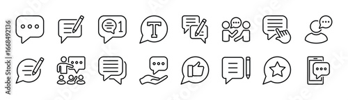 Comment icon set. Contains speak chat bubble, good feedback, write message, communication, favorite, talking, discussion, conversation, opinion, inbox, speaking, chatting. Vector illustration