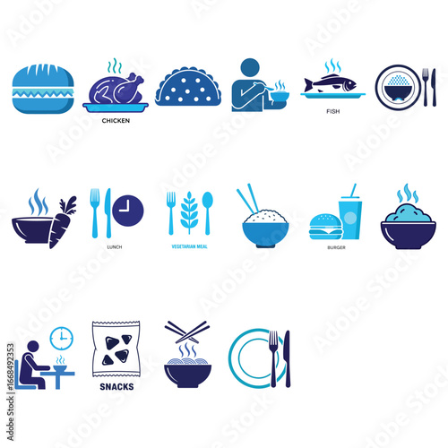 A diverse set of flat design icons representing various food items, dining experiences, and meal-related concepts, perfect for culinary websites and apps.