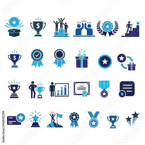 Modern Blue Icon Set: Achievement, Success, Teamwork, Awards, and Celebration Graphics