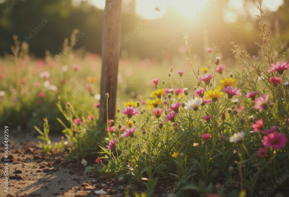 Obraz premium Sunflower fields and flower meadows with a viewing rail at sunset