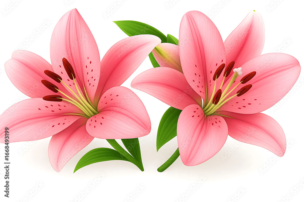 Fototapeta premium Two pink lily flowers Isolated on white background