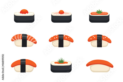 Flat vector illustration of assorted sushi and nigiri with rice, fish, and seaweed, traditional Japanese food isolated on white background