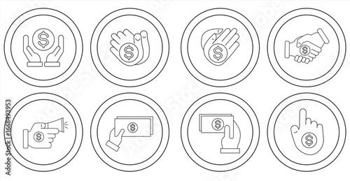 Business marketing icons in line style. Contains agreement, donation, handshake, partnership, money, social media, megaphone, sponsorship, purchase, isolated on white background, Vector illustration 