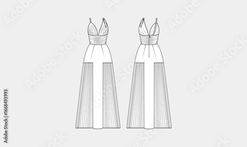 sleeveless flowy dress flat sketch vector, girls flowy maxi dress, fashion technical drawing, font and back view, elegant dress sketch illustration