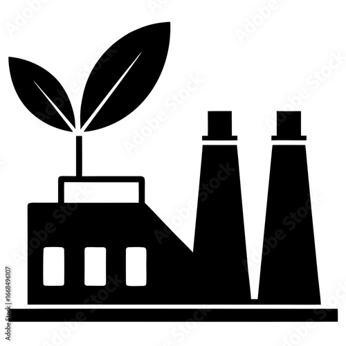 Silhouette of a bioenergy plant with leaf symbol, flat minimal outline, isolated on white